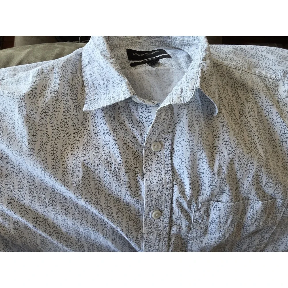 Banana Republic Men M Cotton Polo Shirt White Blue Leaf Collared Top
